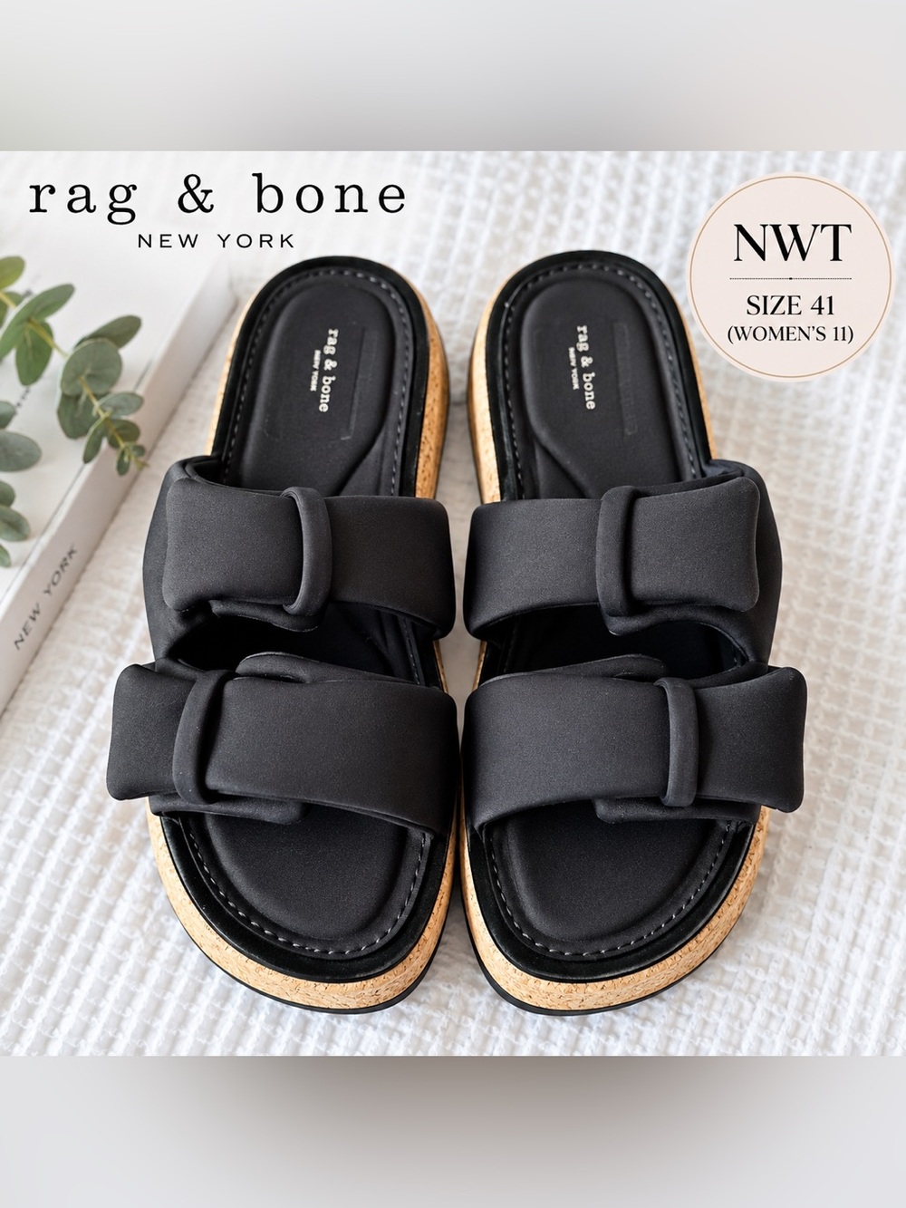 NWT Rag & Bone Black Bow Platform Cork Slide Sandals Size 41 Women’s 11